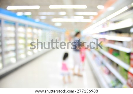 Family in Supermarket Aisle and Shelves in blurry for background