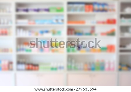 blur some shelves filled with medicine drug in the pharmacy drugstore