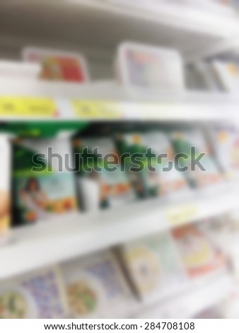 Supermarket store blur background with frozen food shelves in refrigerator