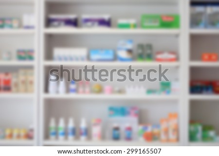 Close up of shelves of drugs in the pharmacy blurred background