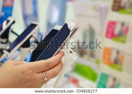 mobile smartphone in phone store