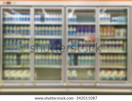 Commercial refrigerators in a large supermarket blurred background