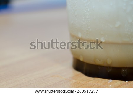 ice coffee glass on table with water drop