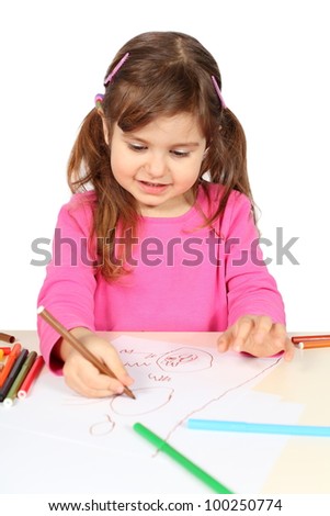 Little Cute Girl Drawing with Felt-Tip Pens over White
