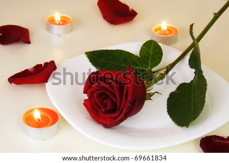 Table Setting with Rose for Romantic Candlelight Dinner Valentine