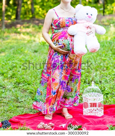 Toy bear cub against a stomach of the pregnant woman. The pregnant woman with a toy bear on a meadow