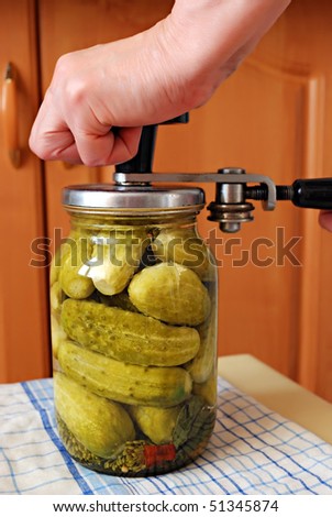 preserving of cucumbers in glass jar