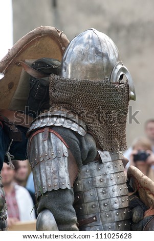 MEDZHIBOZH, UKRAINE - AUGUST 24: Knight fights at the festival \