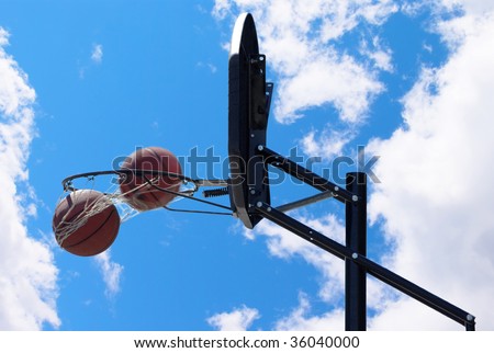 two basketball balls in basket on the blue cloudscape backdrop