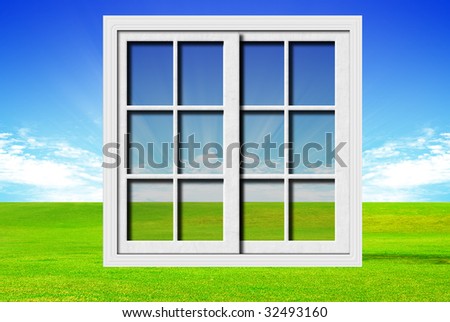 Modern window on grass and clouds backgrounds