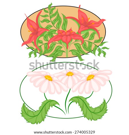 Set of color images of flowers and leafs. Bouquets with lilies and daisies. Vector illustration