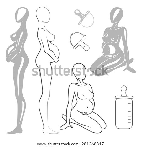 Set of simple monochrome silhouettes of pregnant women and baby pacifiers.  illustration