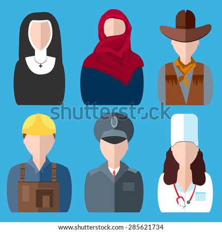 Icons in the colorful, cartoon style graphics. People of different professions. Men and female characters of different specialties on blue. Clip art of various spheres of activity for the design