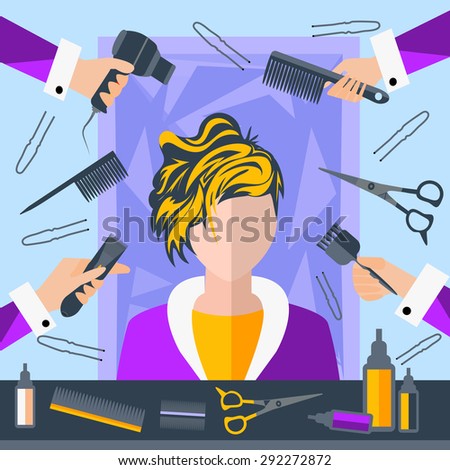 Set of tools for hairdressers in a flat style. Girl in a beauty salon. In the hands of stylists comb, hair brush. The modern concept of icons for your design. Vector Illustration