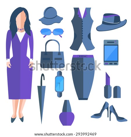 Business isolated woman dressed in a stylish office dress. Set of women\'s clothing and accessories into a flat style. Stylish outfits that can be edited to suit your design.  illustration