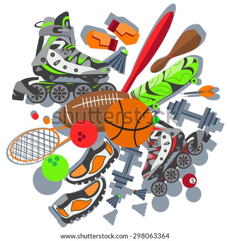 Sport goods for web and mobile applications. Basketball, running, racket, boxing gloves on a white background. The modern concept for your design. Vector illustrations