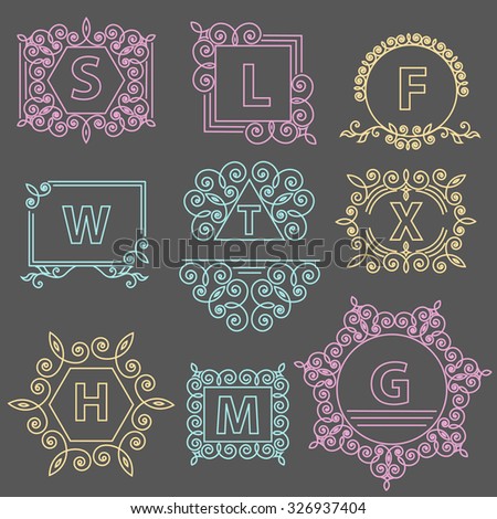 Set logos template ornament lines. Business sign, emblem for Restaurant, Boutique. Isolated illustration
