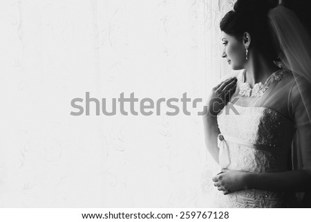 Black and white Portrait of  the bautiful bride in dress