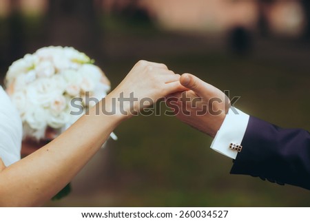 husbands hand lead his wife in summer forest nature outdoor, trust family concept