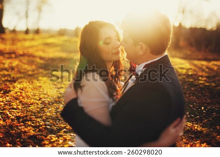 beloved bride looks into your eyes against the background of sunset