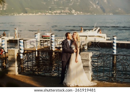 happy wedding couple in Como Lake, Italy