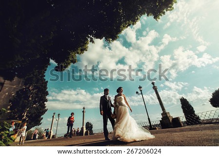 wonderful stylish cute bride and groom under trees walking through the streets of Rome, Italy background cloudy blue sky