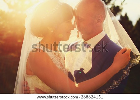 adult rich bride and groom hugging kissing under the veil in sunlight