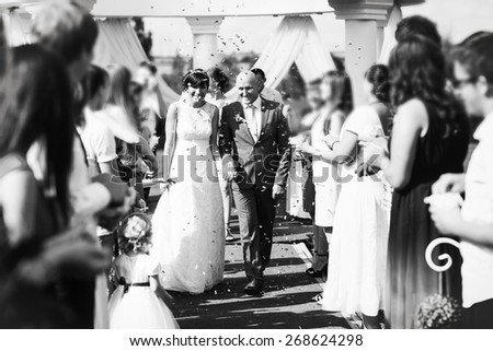 Guests Throwing Confetti Over Bride And Groom black and white