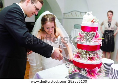couple is cutting amazing tasty cake decorated with swans pink lilies and ribbons