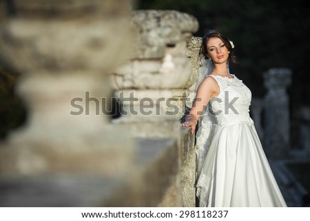 Gorgeous romantic gentle stylish beautiful caucasian bride on the background ancient baroque castle,sunset, Lviv