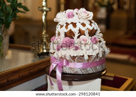 wedding cake in the church, ceremony of stylish elegant blonde bride and groom