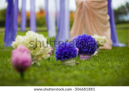 elegantly tasteful decorated with flowers and ribbons wedding arch, summer, lviv, vintage, glamor, green grass