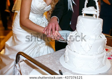 Groom holds bride\'s hand tenderly while she cuts a wedding cake