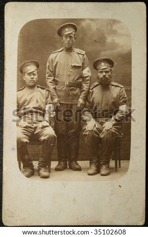 RUSSIA - CIRKA 1916 : Portrait of three hospital attendants during the first world war circa 1916 in Russia.