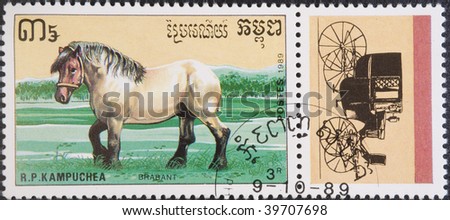 Kampuchea - Phnom Penh, circa 1989: Postal stamp Kampuchea 1989. Vintage stamp depicting an breed of horse Belgian Heavy Draft circa 1989