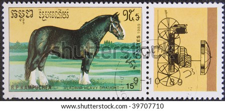 Kampuchea - Phnom Penh, circa 1989: Postal stamp Kampuchea circa 1989. Vintage stamp depicting an breed of horse vladimir haavy draugant
