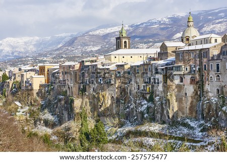 The fortified city of Sant\'Agata dei Goti after a light a snow fall. Province of Benevento. Campania. Italy.