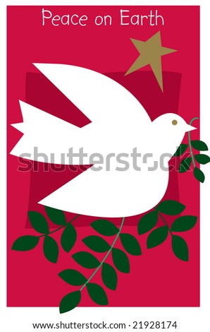 White Dove on burgundy-red background; with green branch; gold star.  Headline is Peace on Earth.