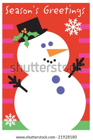 Happy snowman with black hat; holly; and snowflakes on red/pink/green background. Headline is Seasons Greetings.