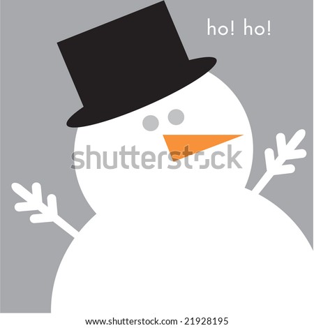 White graphic round snowman on silver-gray square background. Black hat, silver eyes, orange carrot nose.  Headline in white is ho! ho!