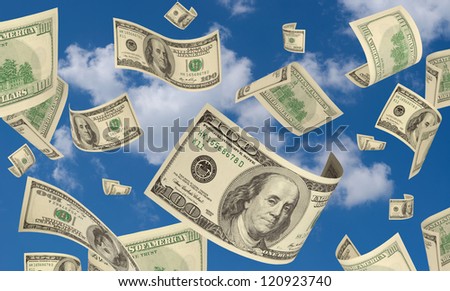 It is a lot of money (hundred - dollar denominations) to a background of the sky.