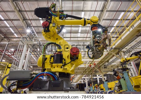 New robot setting for industrial machine welding in production line of vehicle factory