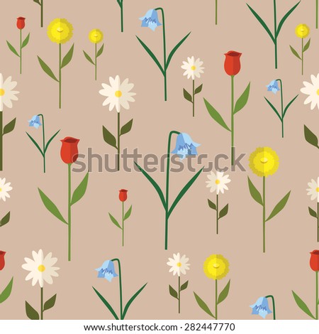 Seamless pattern of flowers, tulip, chamomile, dandelion, bell, vector illustration