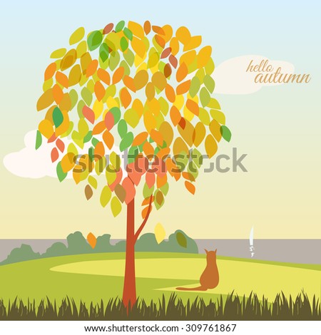 Beautiful autumn landscape, trees, leaves, sea, cat, vector, banner, illustration