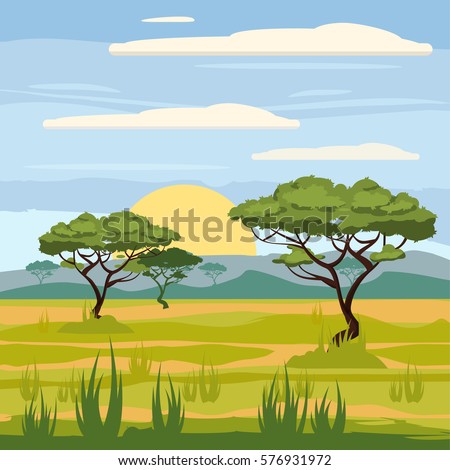 African landscape, savannah, nature, trees, wilderness, cartoon style, vector illustration