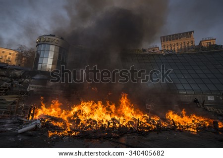 Fire on Independence Square during the riots on February 18 Ukraine, Kiev