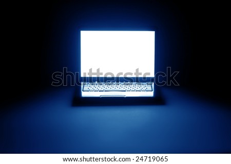 Render of high-end laptop computer with white screen on black background