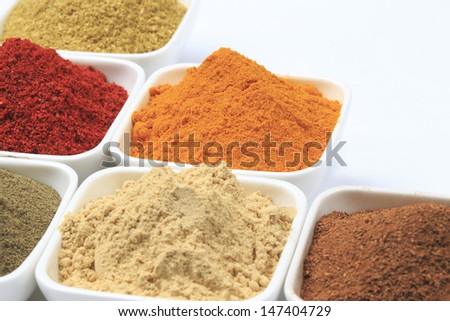 Variety of raw Authentic Indian Spices Powder on glass bowl isolated on white background in full-frame.