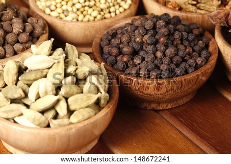 Variety of Authentic Indian Spices on wooden bowl isolated on white background in full-frame.
