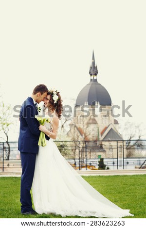 gentle stylish bride and groom posing on the background the beautiful architecture